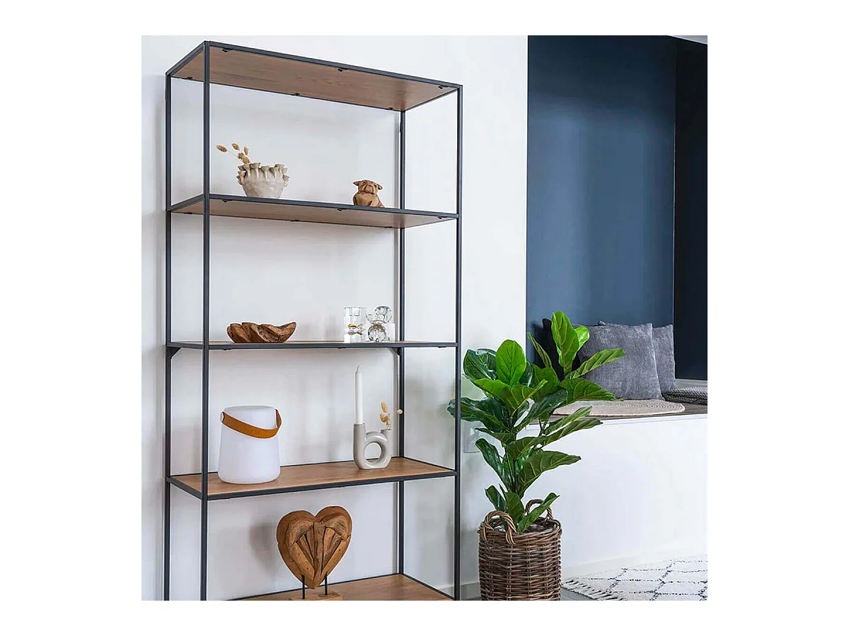 VOLLRAD - Etagère Large 5 Plateaux Acier Noir et Bois Naturel