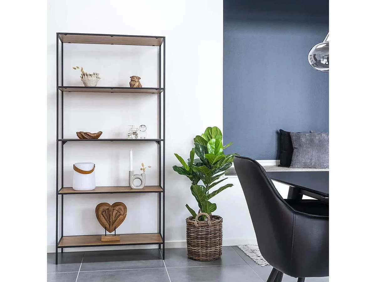 VOLLRAD - Etagère Large 5 Plateaux Acier Noir et Bois Naturel