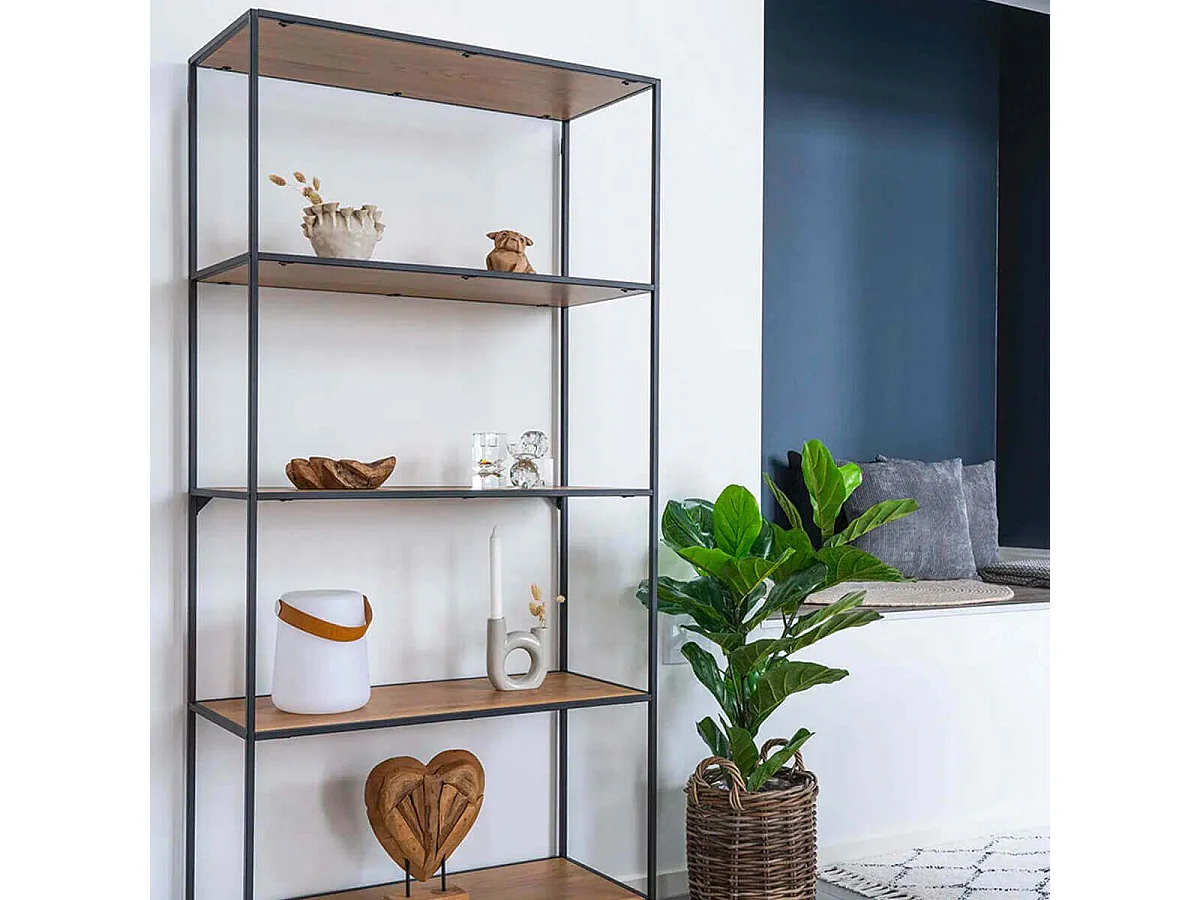 VOLLRAD - Etagère Large 5 Plateaux Acier Noir et Bois Naturel