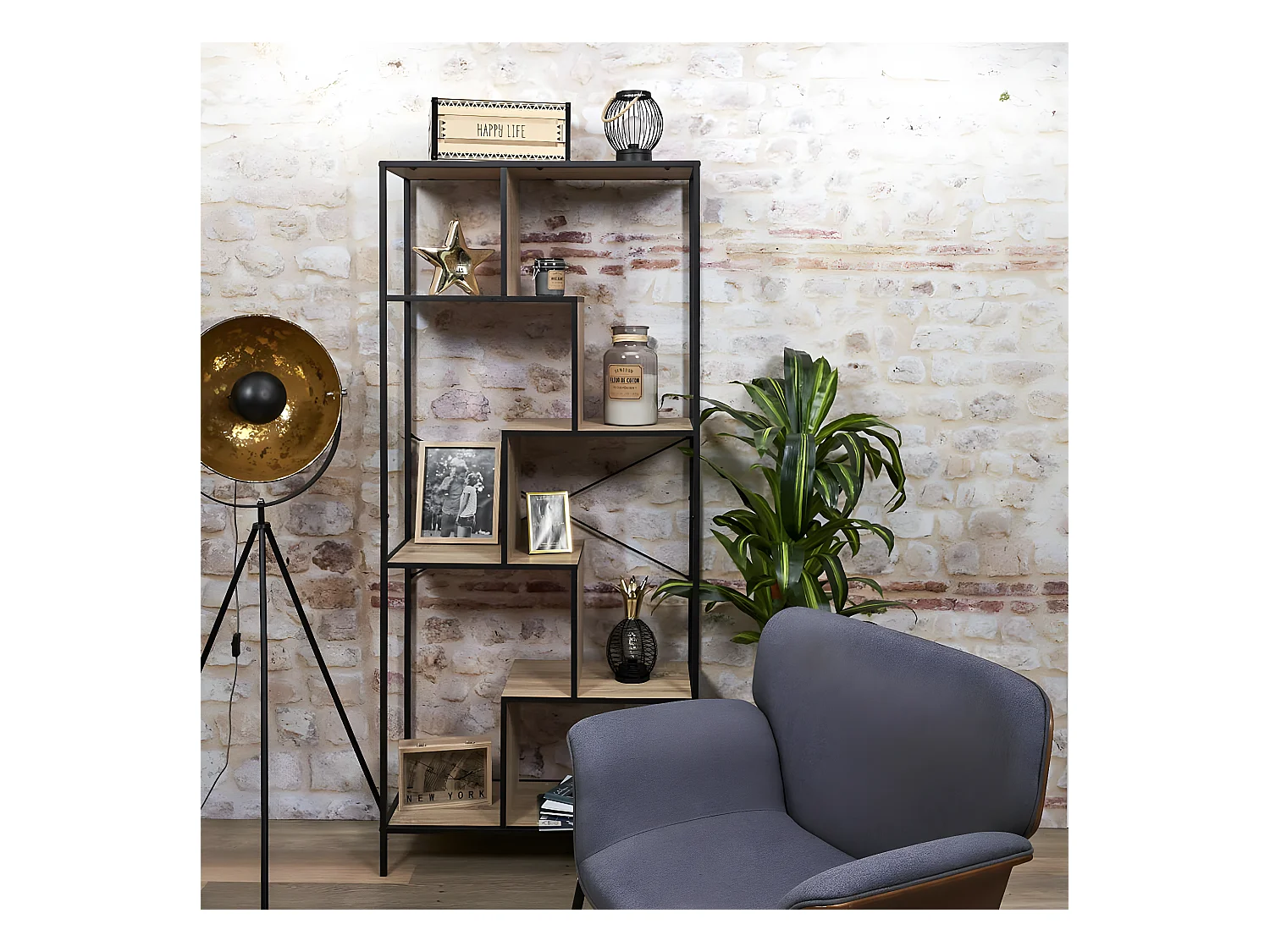 ENDIS - Etagère 6 Niveaux Aspect Bois et Métal Noir