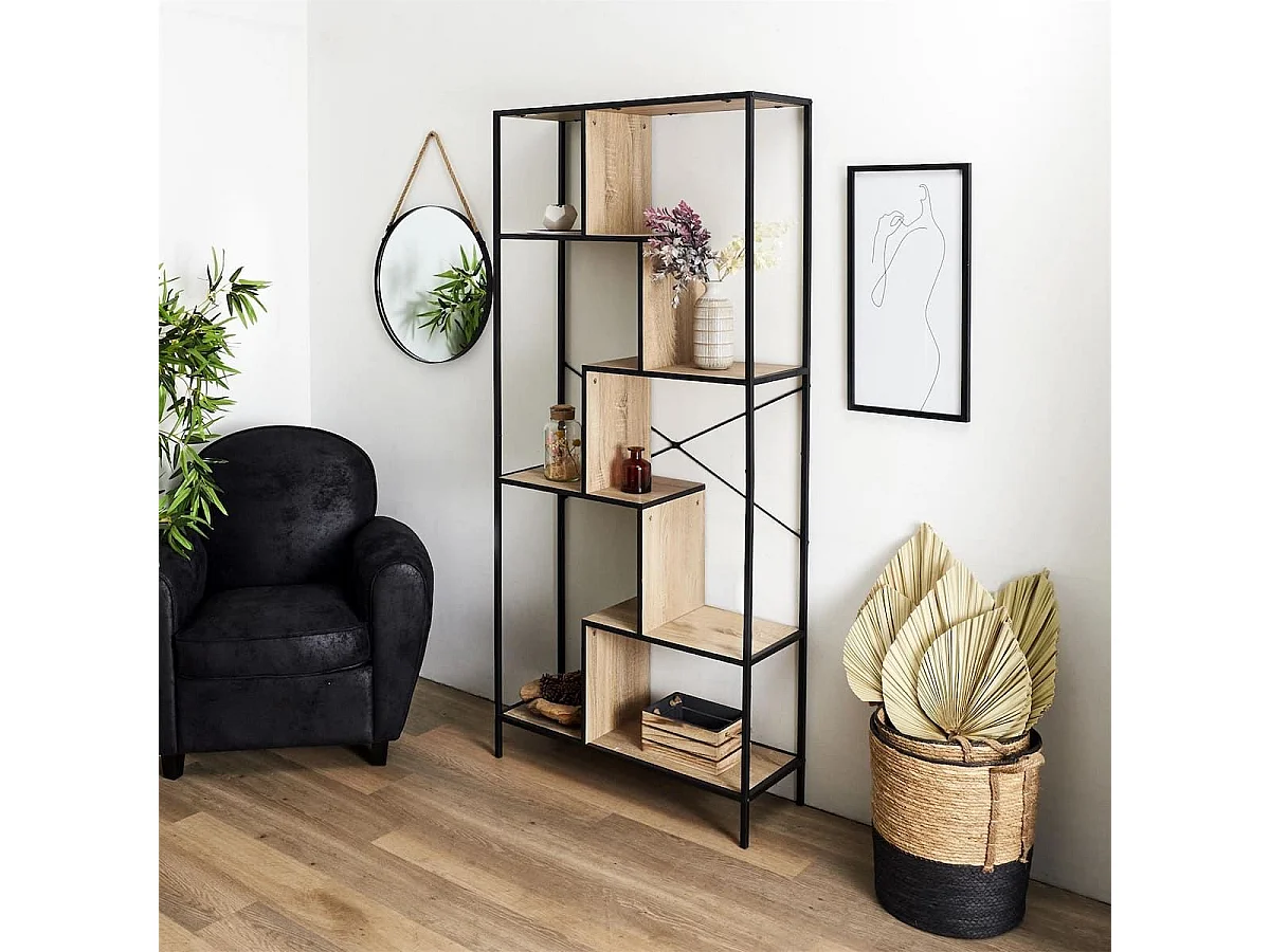 ENDIS - Etagère 6 Niveaux Aspect Bois et Métal Noir