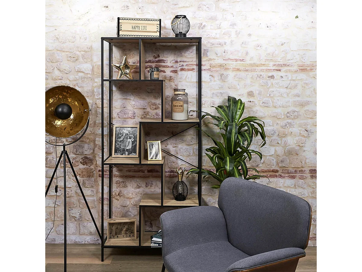 ENDIS - Etagère 6 Niveaux Aspect Bois et Métal Noir