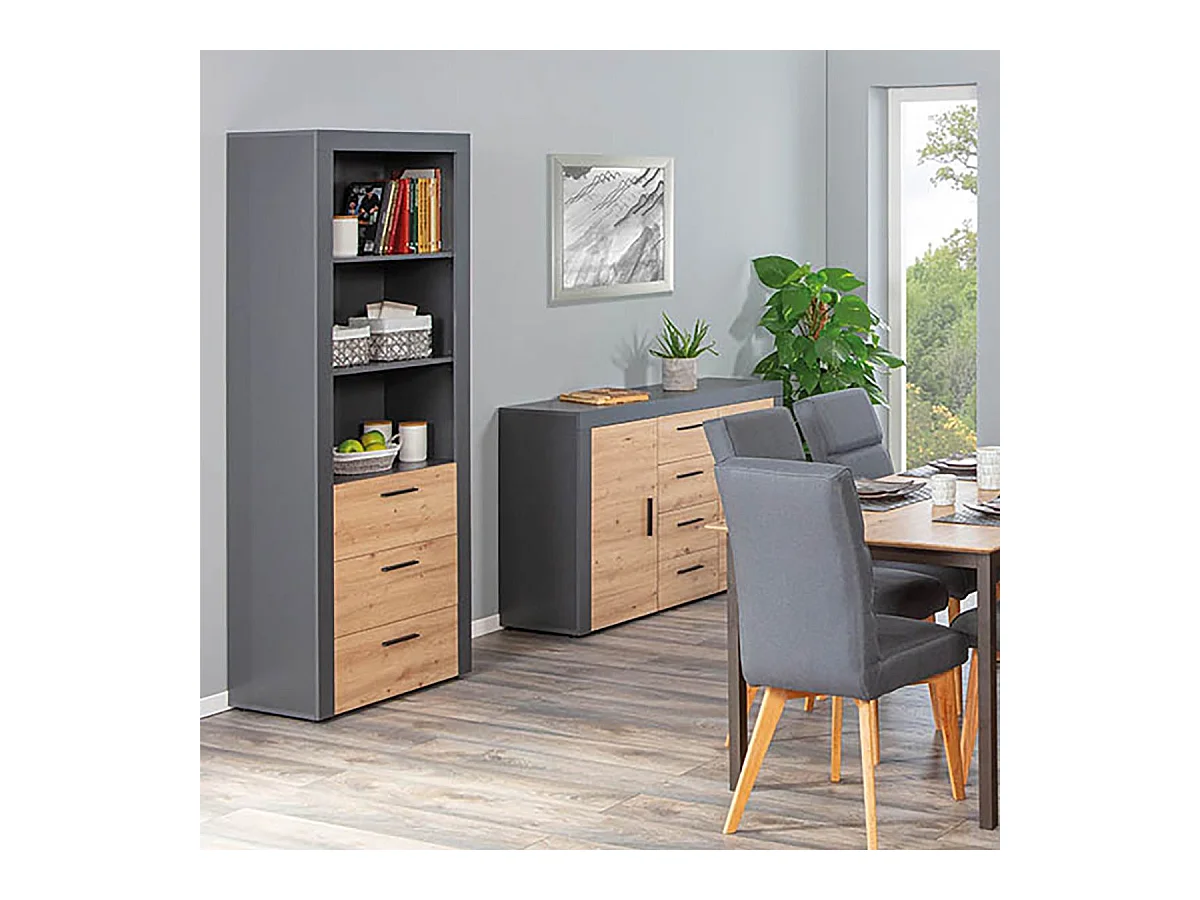 OCTOBER - Etagère 3 Niches 3 Tiroirs Gris et Effet Bois