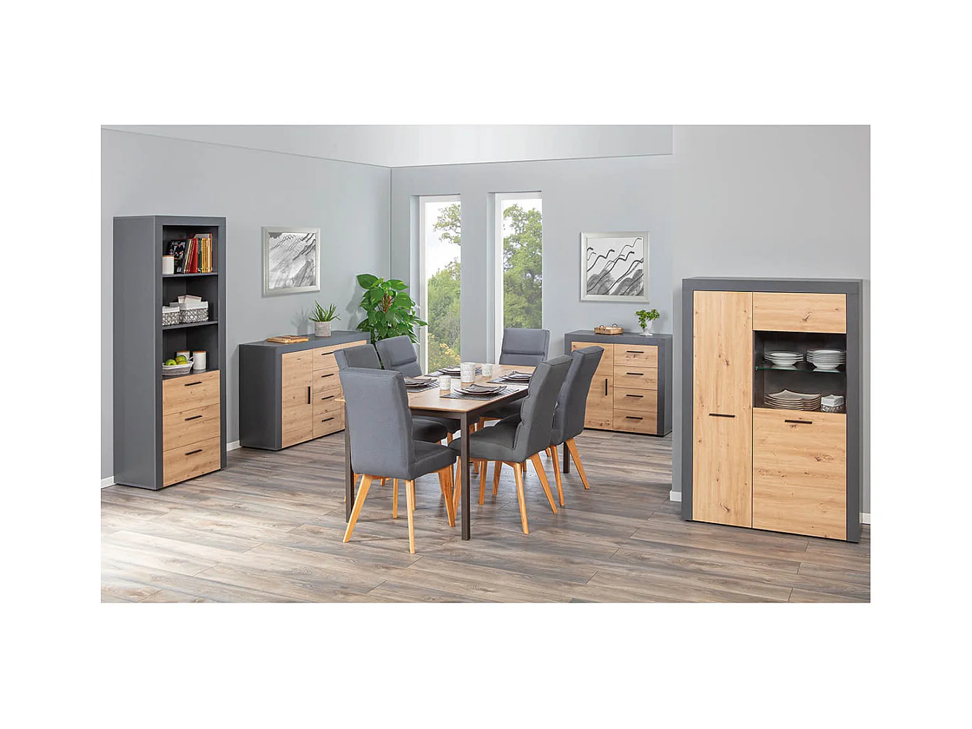 OCTOBER - Etagère 3 Niches 3 Tiroirs Gris et Effet Bois