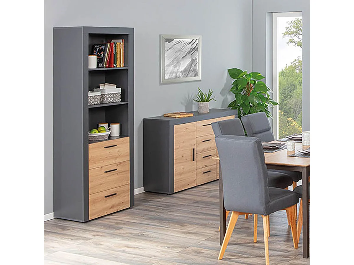 OCTOBER - Etagère 3 Niches 3 Tiroirs Gris et Effet Bois