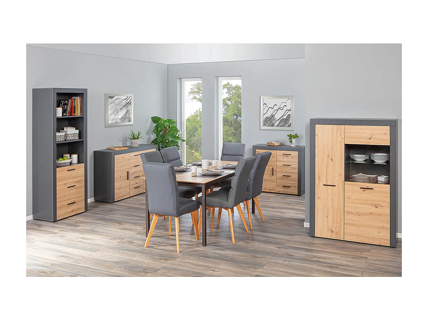 OCTOBER - Etagère 3 Niches 3 Tiroirs Gris et Effet Bois