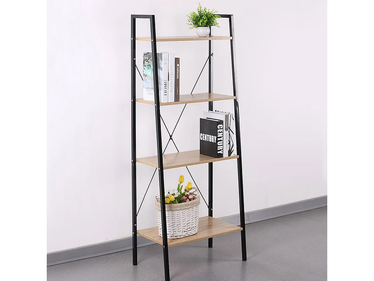 DARA - Etagère 4 Plateaux Métal et Aspect Bois