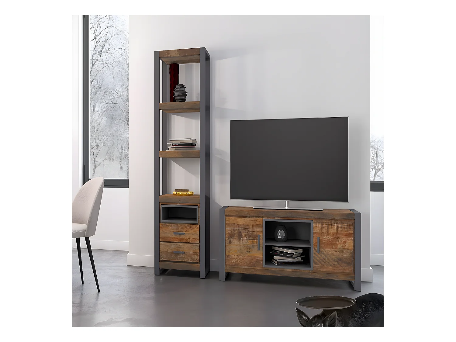 PALISSA - Etagère Multi-Rangements Bois et Acier Patiné