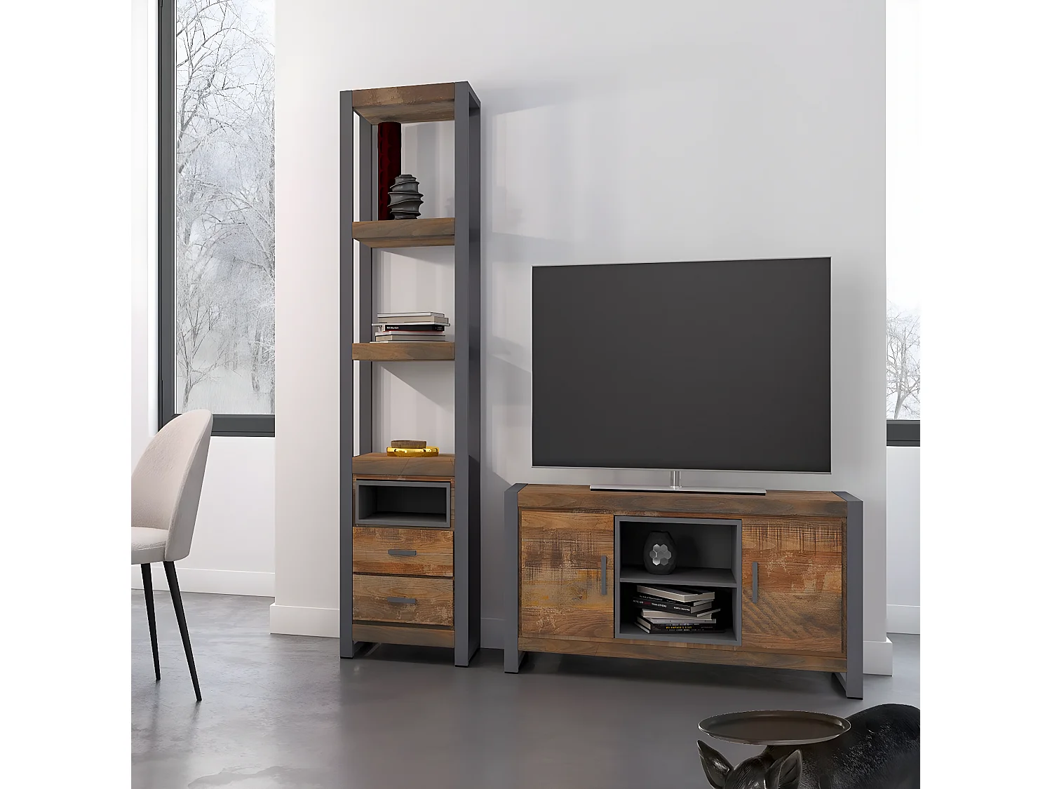 PALISSA - Etagère Multi-Rangements Bois et Acier Patiné