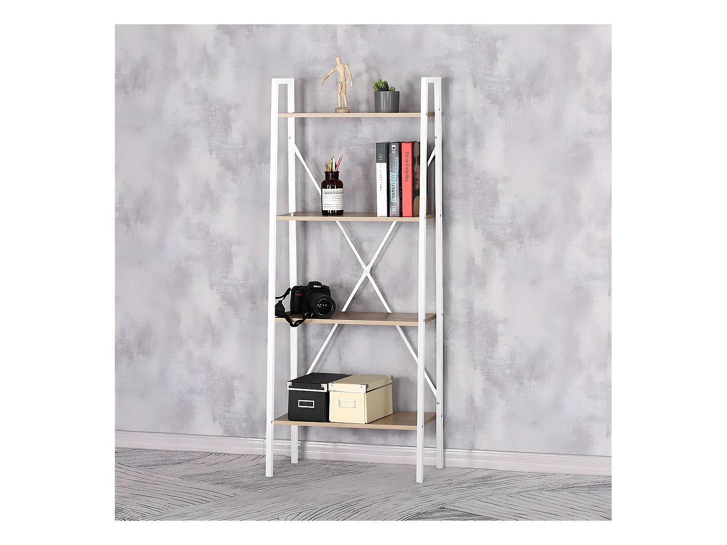 LIETA - Etagère à 4 Niveaux Bois et Métal Blanc