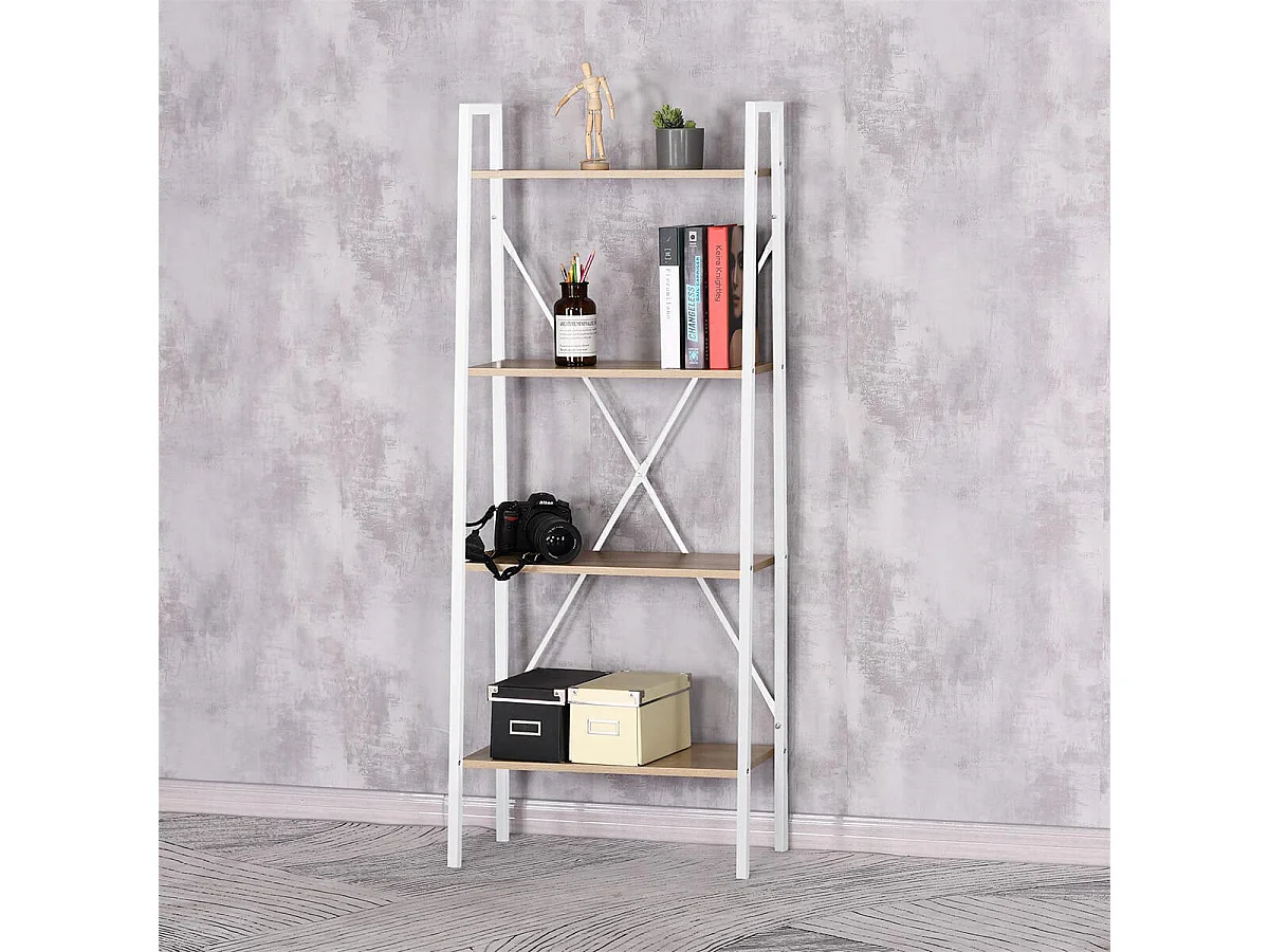 LIETA - Etagère à 4 Niveaux Bois et Métal Blanc