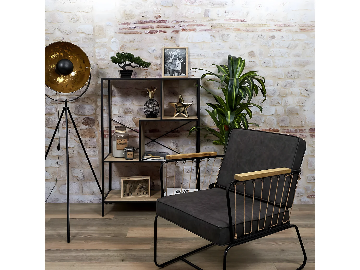 ENDIS - Etagère 4 Niveaux Aspect Bois et Métal Noir