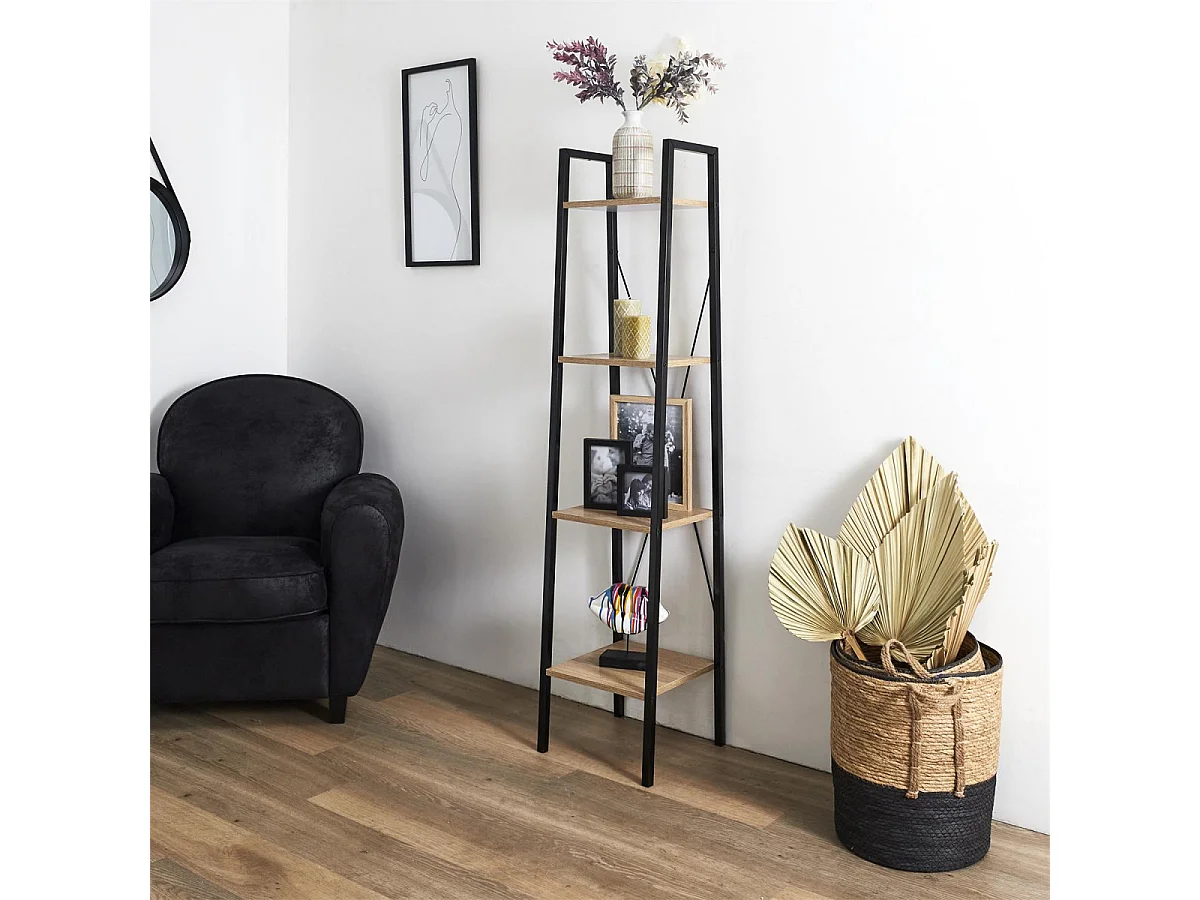 DARA - Etagère Simple 4 Plateaux Métal et Aspect Bois