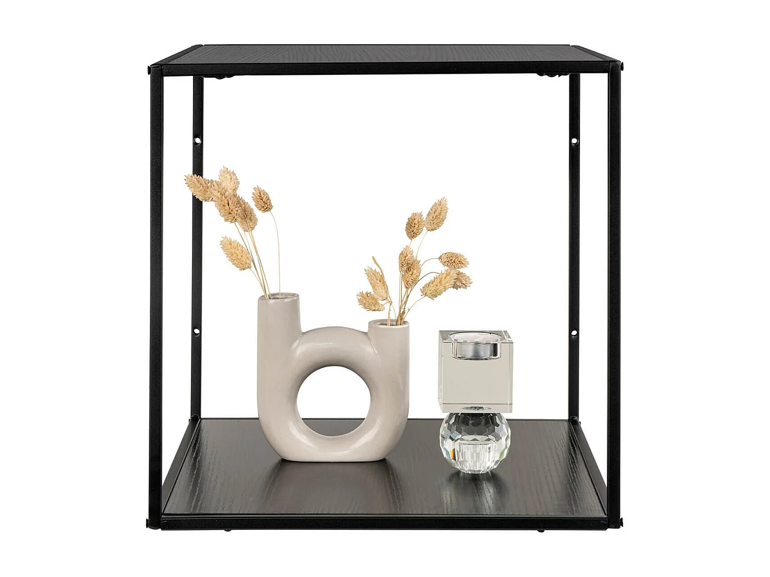 SLIMA - Etagère Murale 2 Plateaux Acier Noir et Aspect Bois