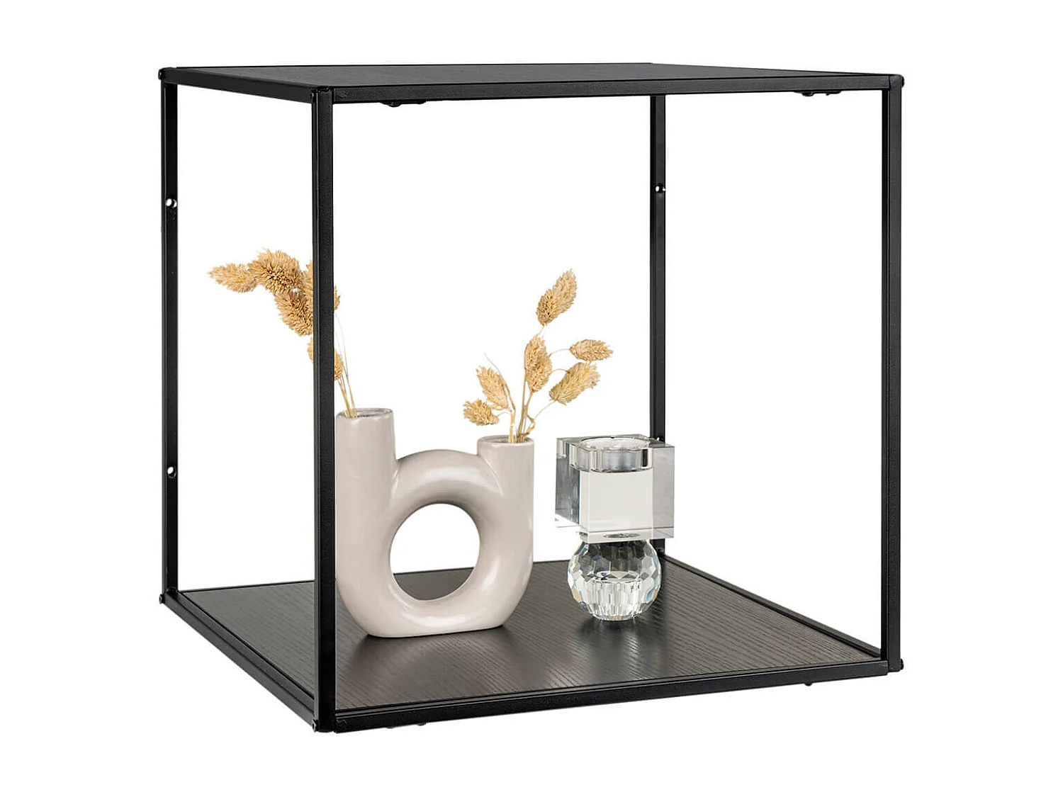 SLIMA - Etagère Murale 2 Plateaux Acier Noir et Aspect Bois