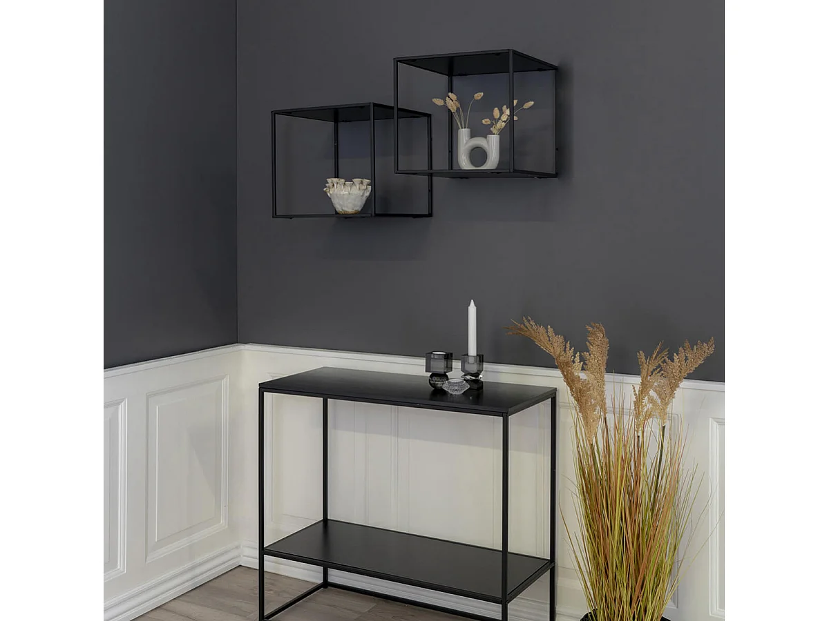 SLIMA - Etagère Murale 2 Plateaux Acier Noir et Aspect Bois