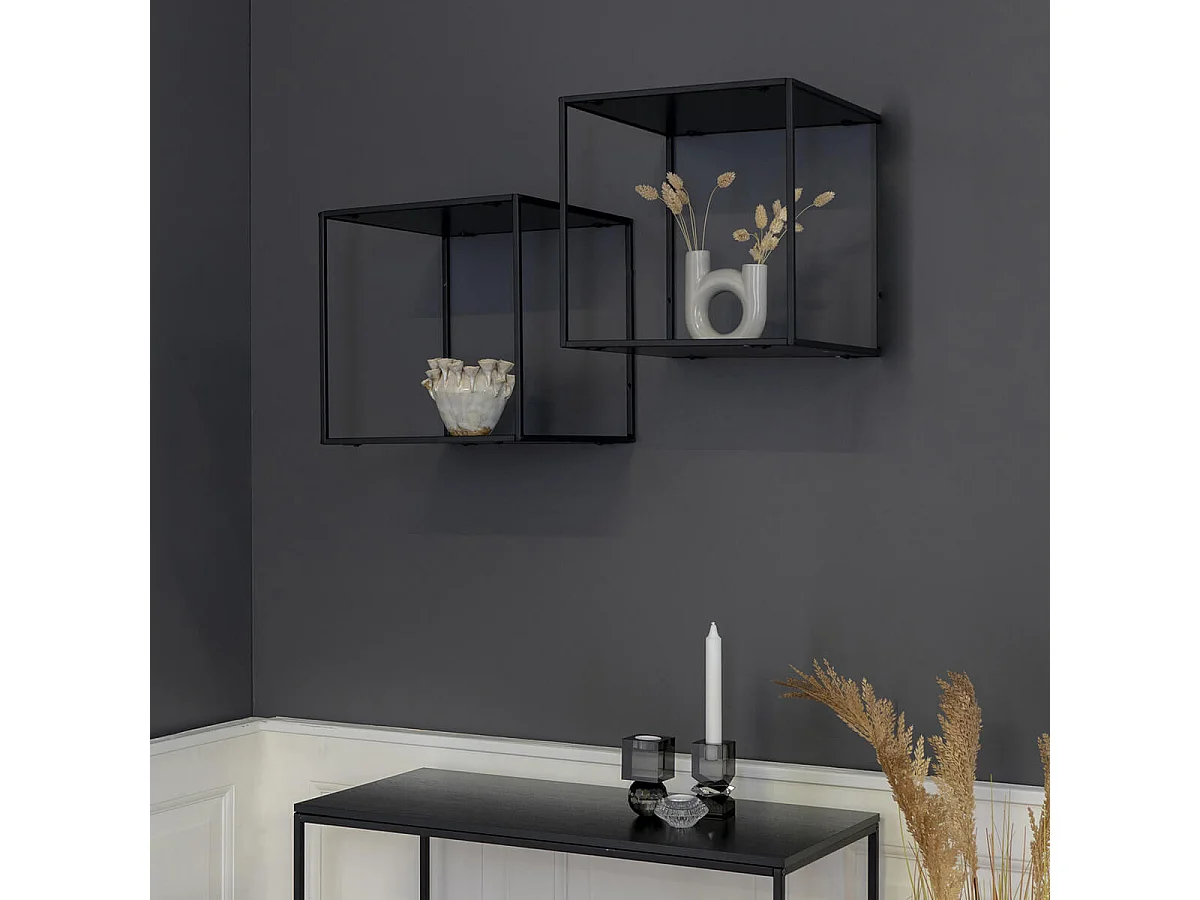 SLIMA - Etagère Murale 2 Plateaux Acier Noir et Aspect Bois