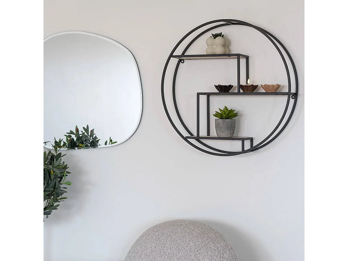 LEYDE - Etagère Murale Circulaire 3 Plateaux Acier Noir et Bois Massif