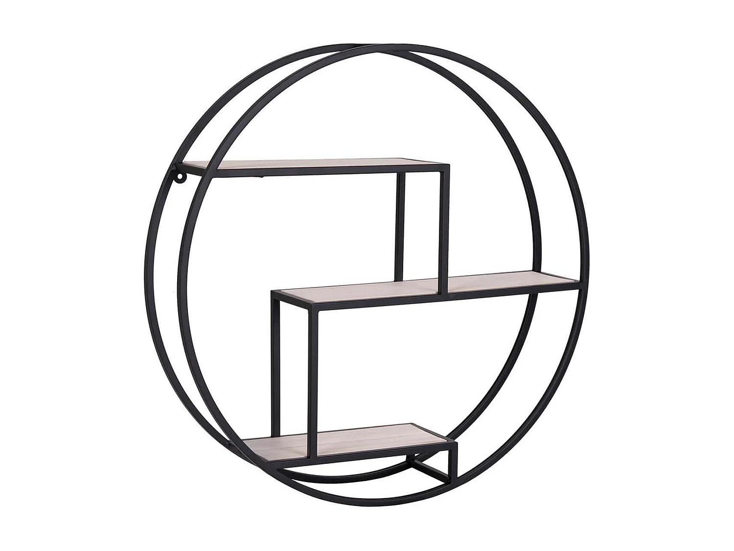 LEYDE - Etagère Murale Circulaire 3 Plateaux Acier Noir et Bois Massif