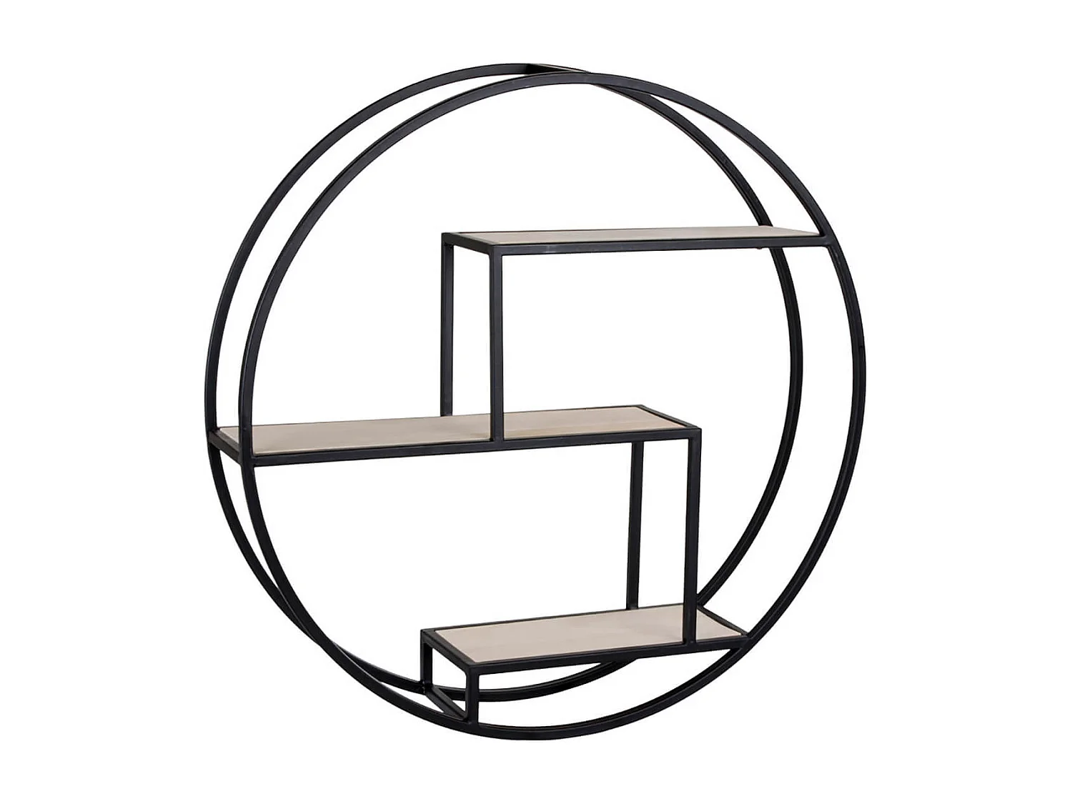 LEYDE - Etagère Murale Circulaire 3 Plateaux Acier Noir et Bois Massif