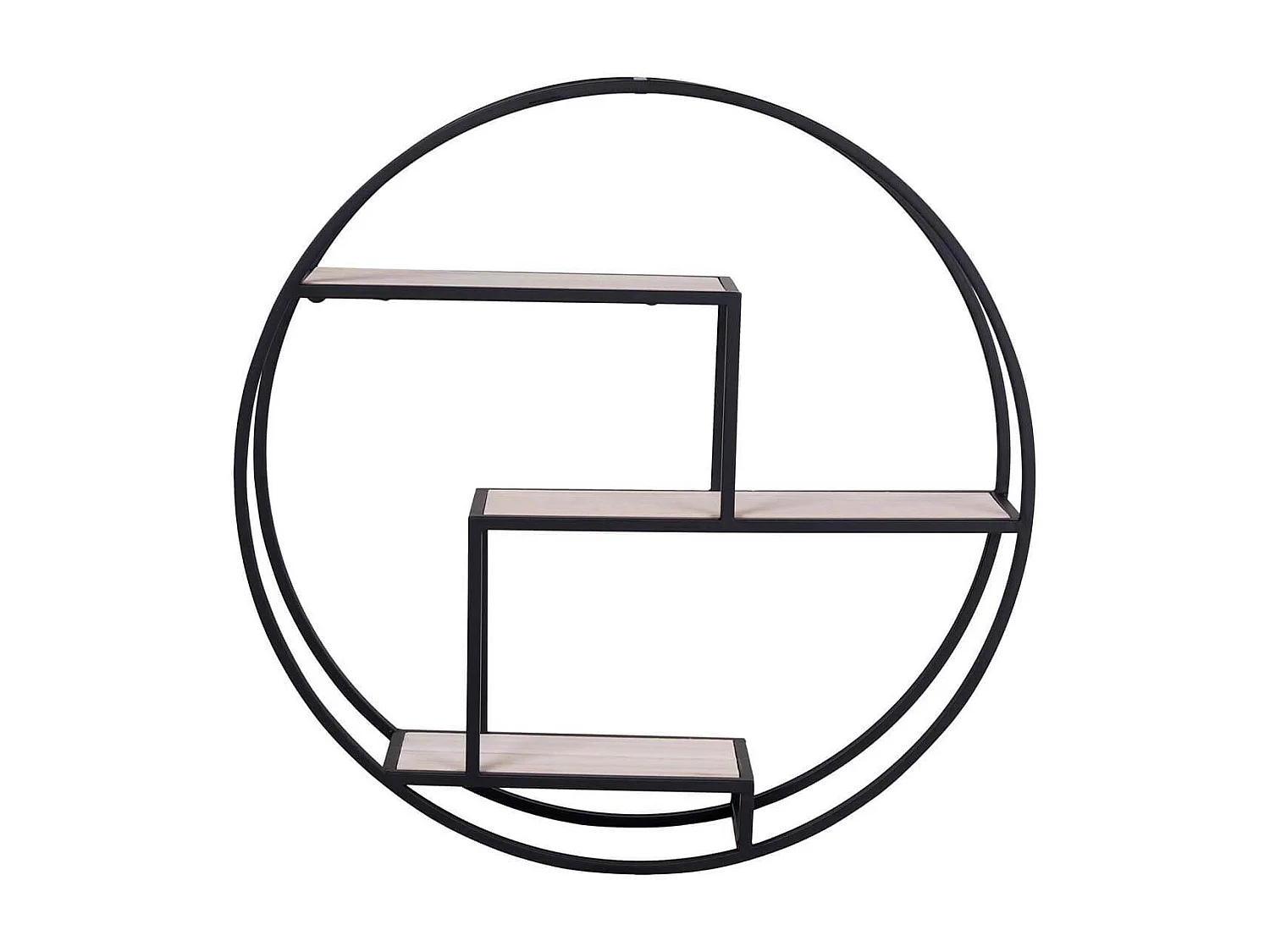 LEYDE - Etagère Murale Circulaire 3 Plateaux Acier Noir et Bois Massif