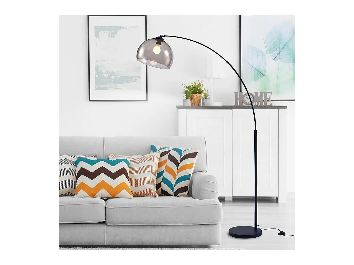 ARCHIE - Lampadaire Arc en Métal Noir Abat-Jour Acrylique Fumé Violet