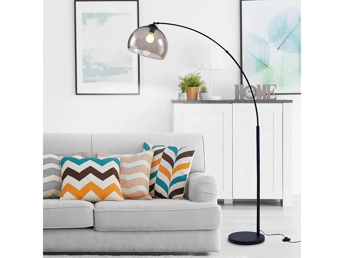 ARCHIE - Lampadaire Arc en Métal Noir Abat-Jour Acrylique Fumé Violet