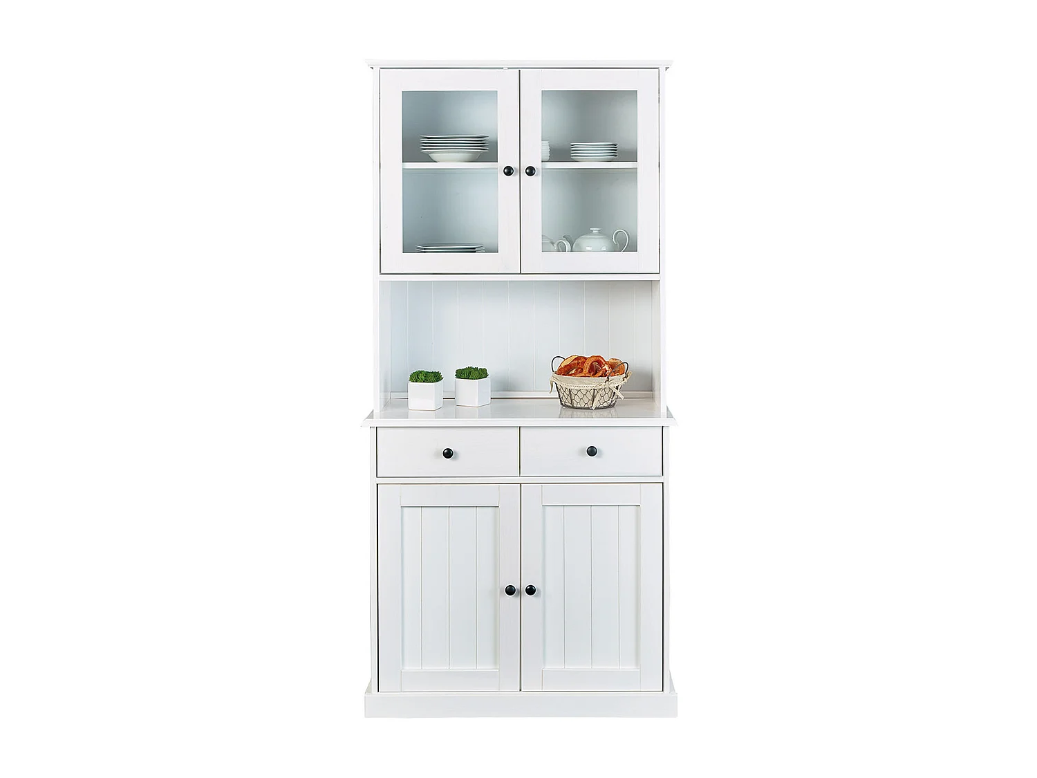 BIDART - Buffet Vaisselier 4 Portes 2 Tiroirs Bois Massif Vernis Blanc