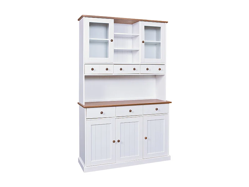 SOCOA - Buffet Vaisselier 5 Portes 6 Tiroirs Bois Massif Vernis Sepia et Blanc