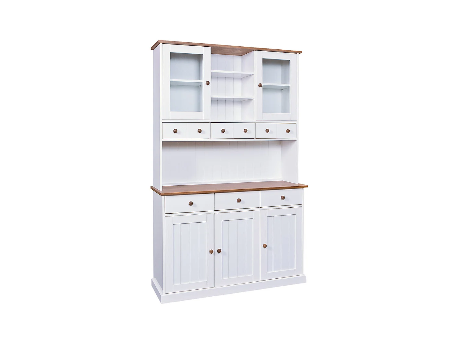 SOCOA - Buffet Vaisselier 5 Portes 6 Tiroirs Bois Massif Vernis Sepia et Blanc