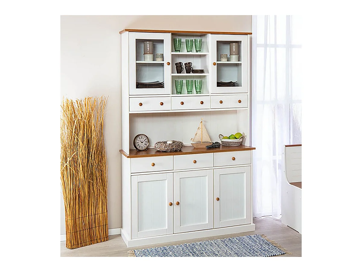 SOCOA - Buffet Vaisselier 5 Portes 6 Tiroirs Bois Massif Vernis Sepia et Blanc