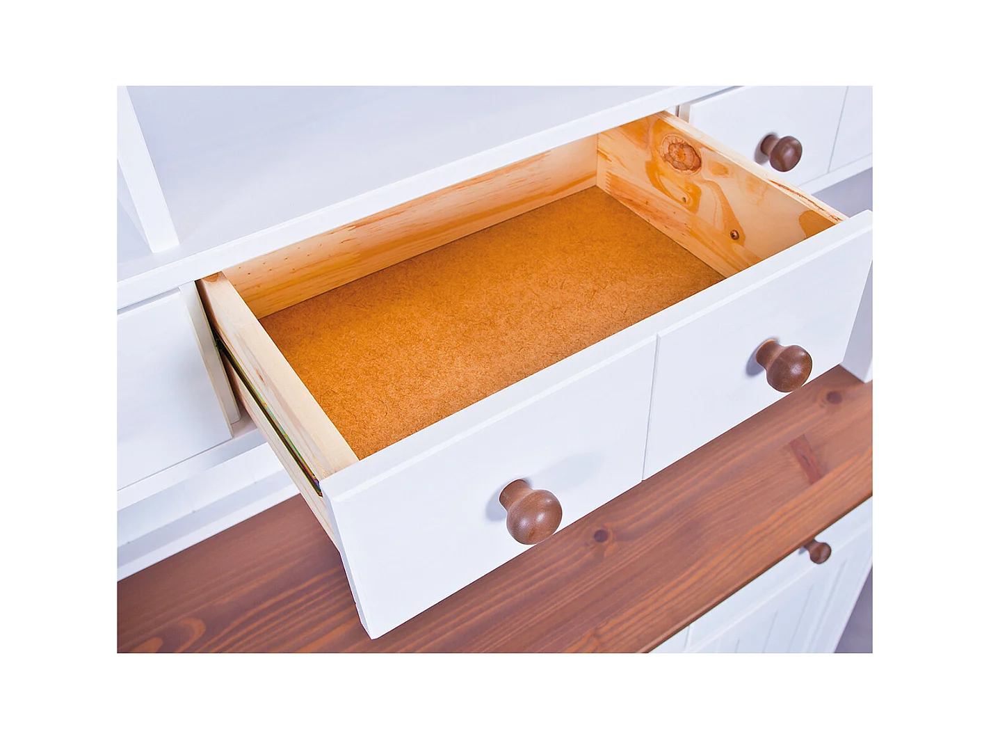 SOCOA - Buffet Vaisselier 5 Portes 6 Tiroirs Bois Massif Vernis Sepia et Blanc