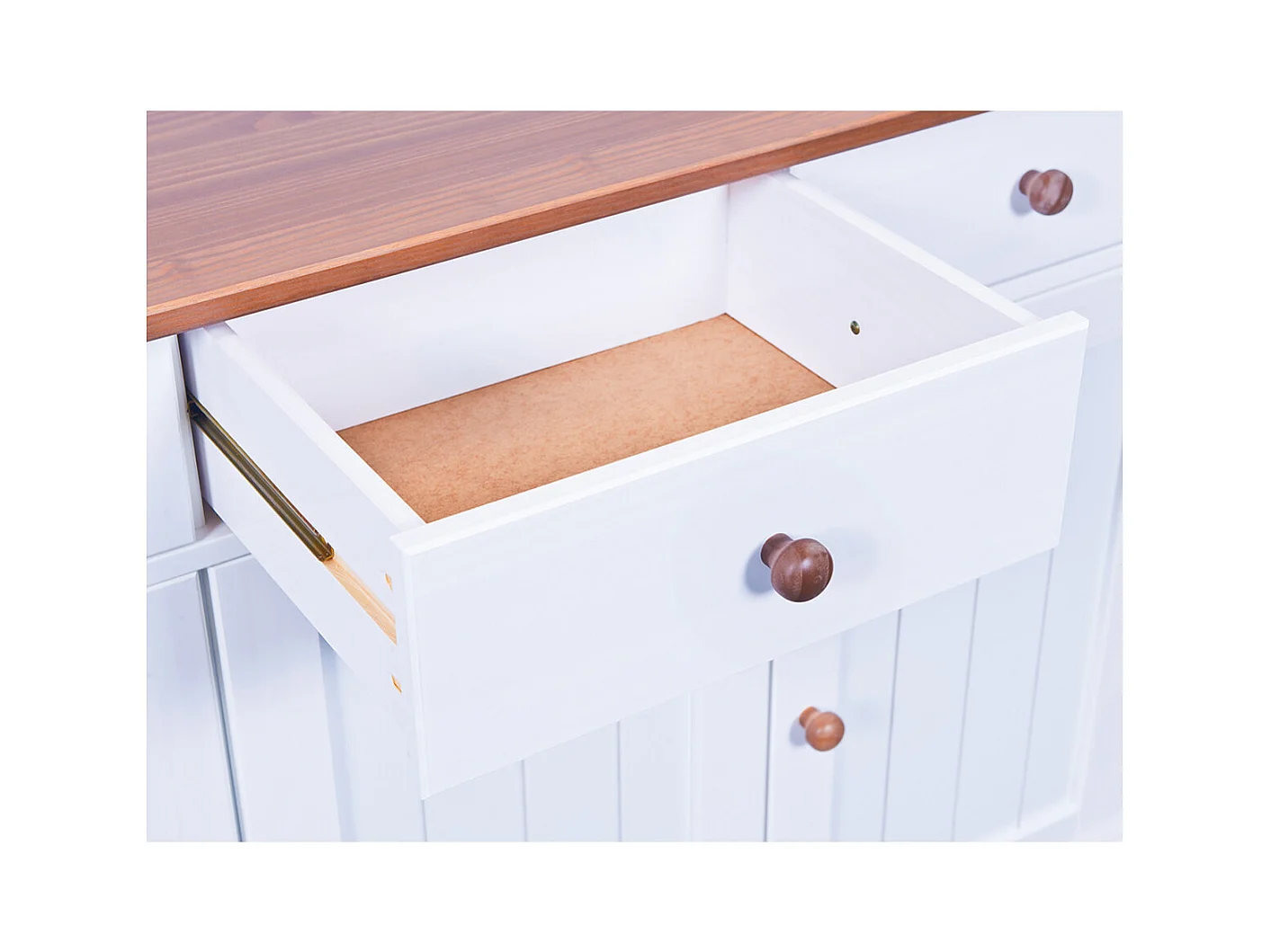 SOCOA - Buffet Vaisselier 5 Portes 6 Tiroirs Bois Massif Vernis Sepia et Blanc