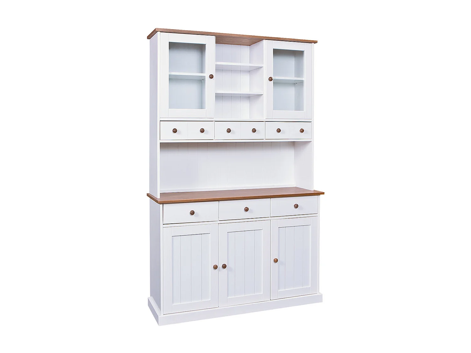 SOCOA - Buffet Vaisselier 5 Portes 6 Tiroirs Bois Massif Vernis Sepia et Blanc