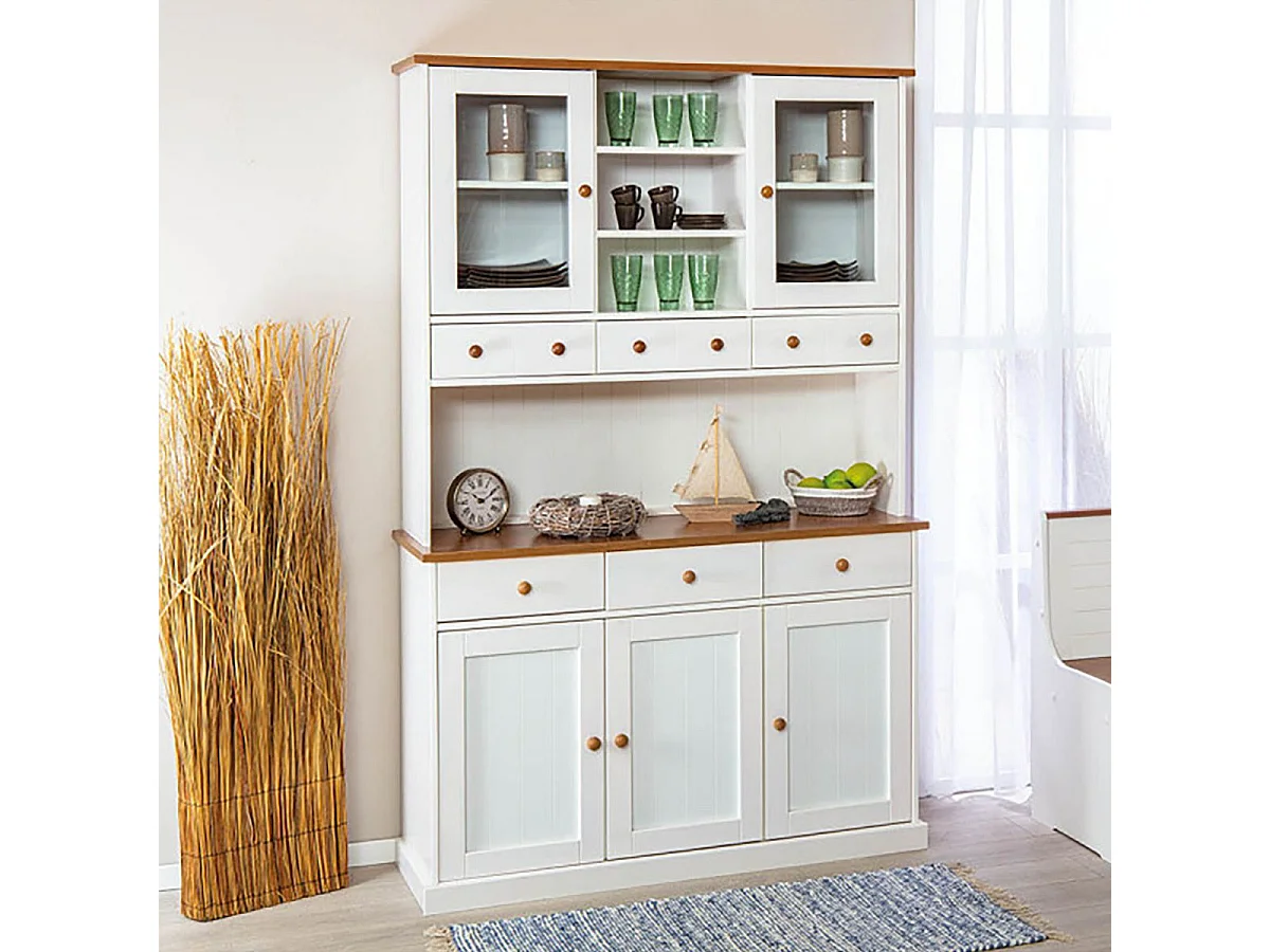 SOCOA - Buffet Vaisselier 5 Portes 6 Tiroirs Bois Massif Vernis Sepia et Blanc