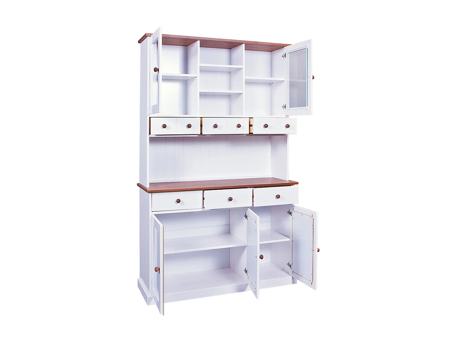 SOCOA - Buffet Vaisselier 5 Portes 6 Tiroirs Bois Massif Vernis Sepia et Blanc