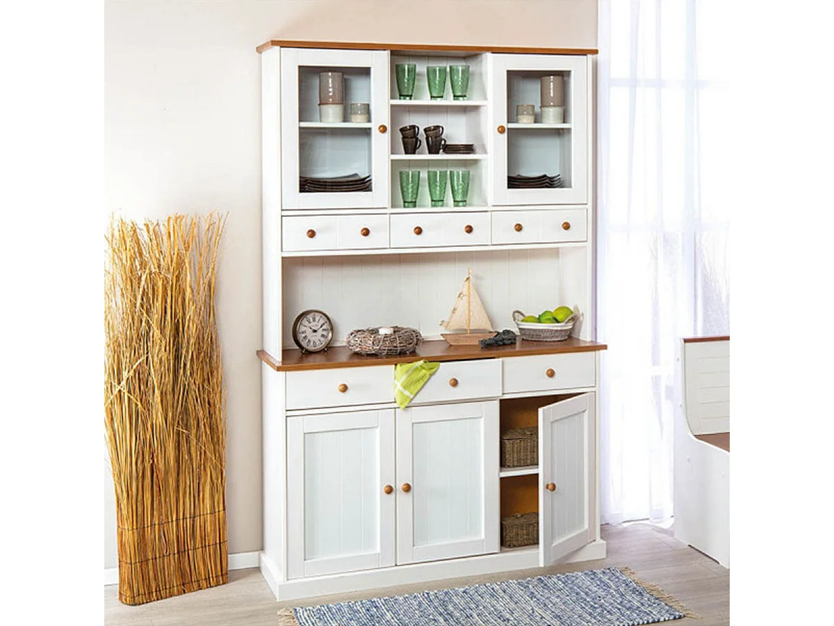 SOCOA - Buffet Vaisselier 5 Portes 6 Tiroirs Bois Massif Vernis Sepia et Blanc