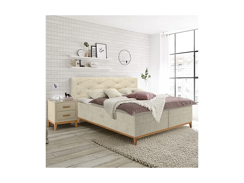 Lit boxspring 180x200 cm tissu écru 2 coffres rangement - SKY
