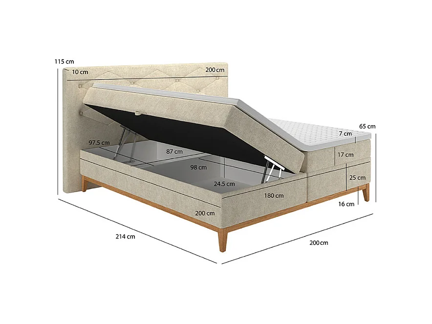 Lit boxspring 180x200 cm tissu écru 2 coffres rangement - SKY