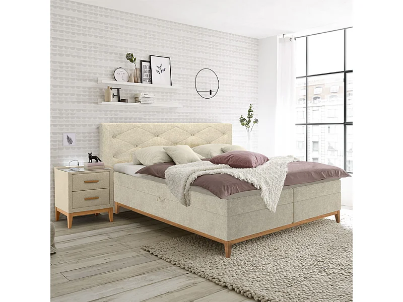 Lit boxspring 180x200 cm tissu écru 2 coffres rangement - SKY