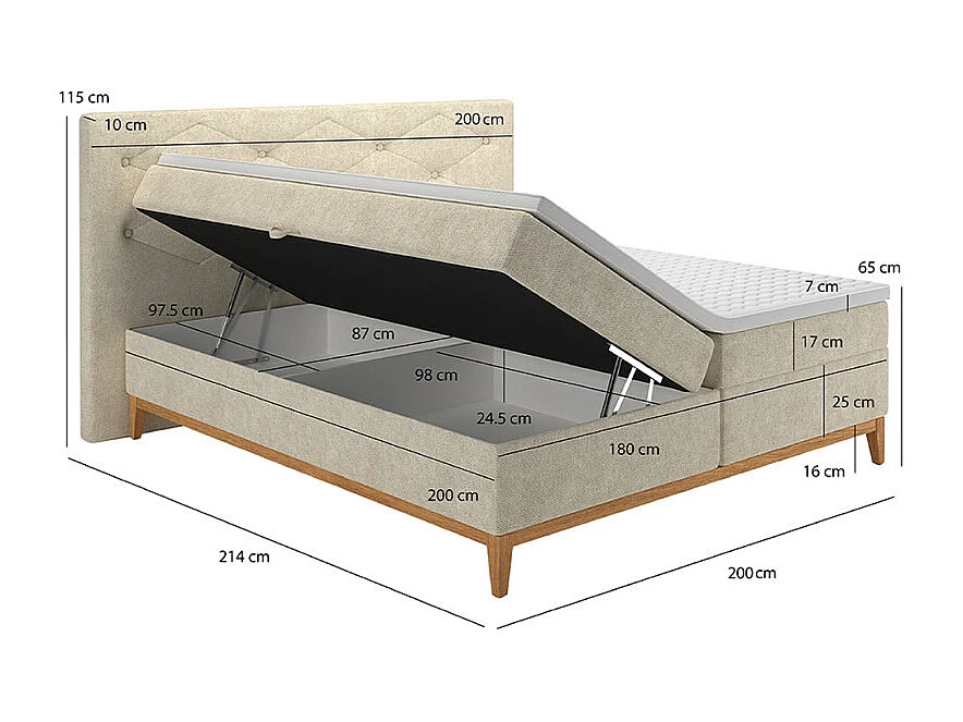 Lit boxspring 180x200 cm tissu écru 2 coffres rangement - SKY