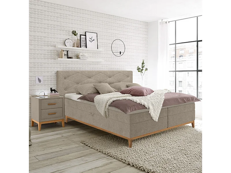 Lit boxspring 160x200 cm tissu beige avec matelas et surmatelas - SKY