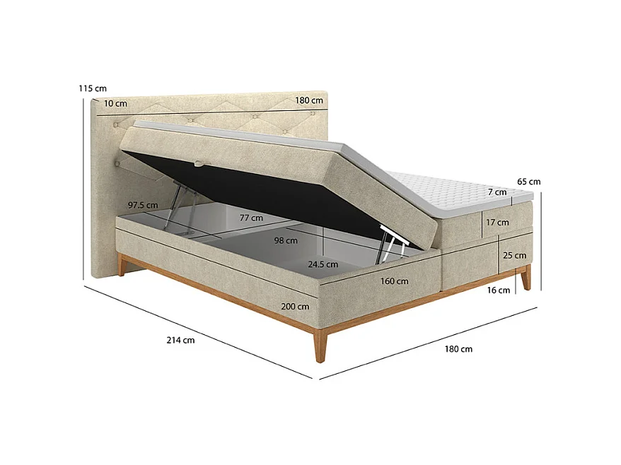 Lit boxspring 160x200 cm tissu écru 2 coffres latéraux - SKY