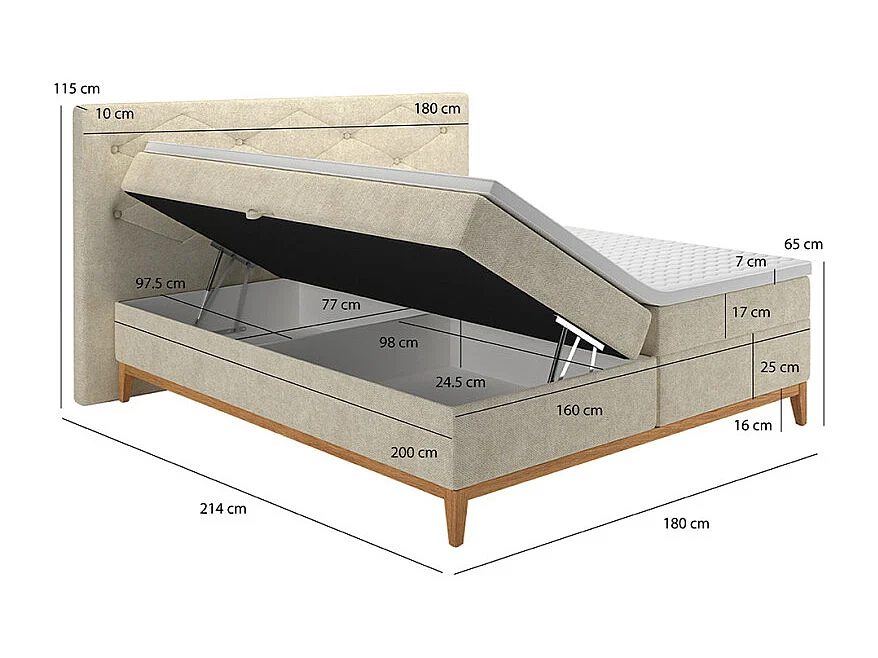 Lit boxspring 160x200 cm tissu écru 2 coffres latéraux - SKY