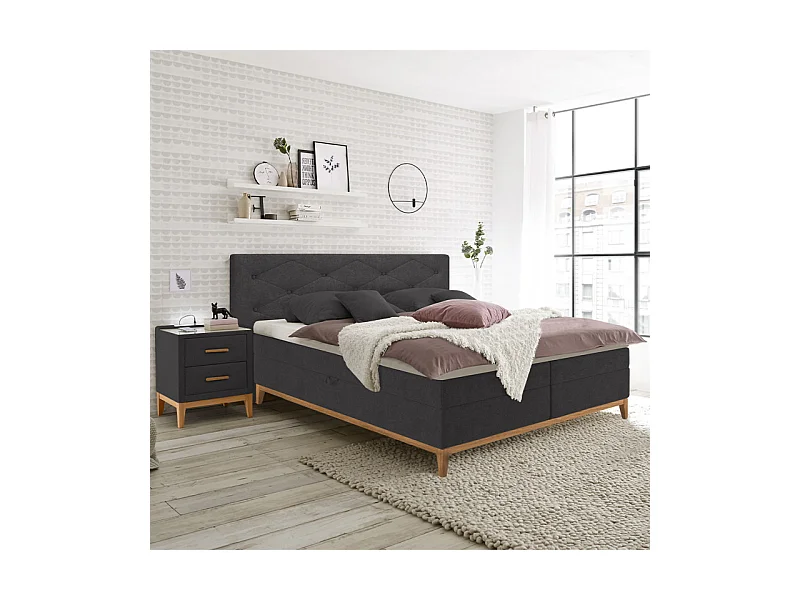Lit boxspring 160x200 cm tissu anthracite + matelas et surmatelas- SKY