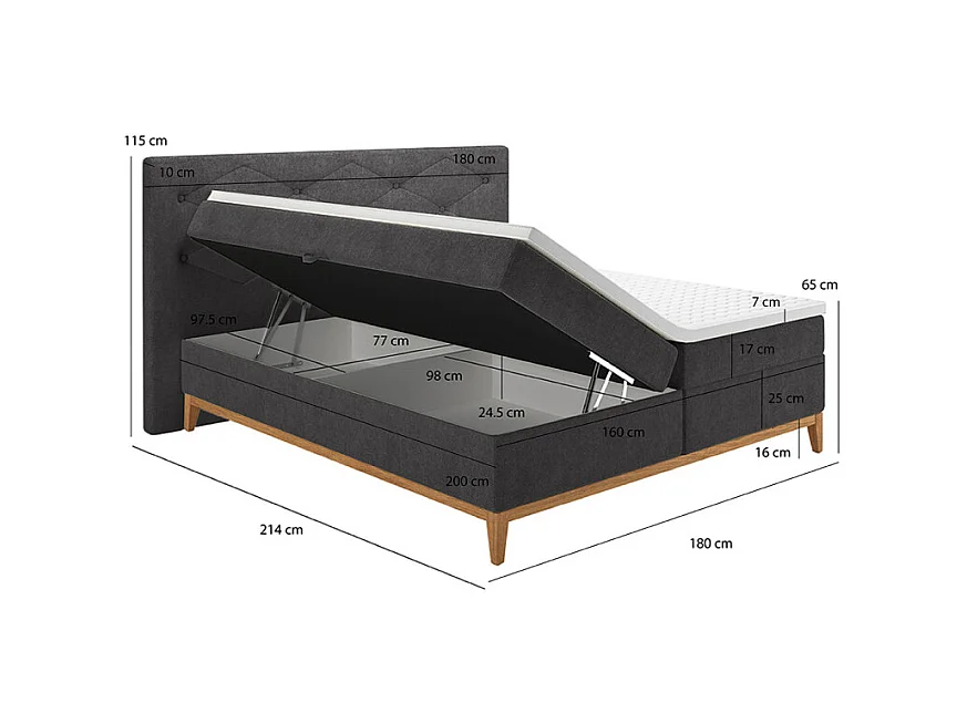 Lit boxspring 160x200 cm tissu anthracite + matelas et surmatelas- SKY