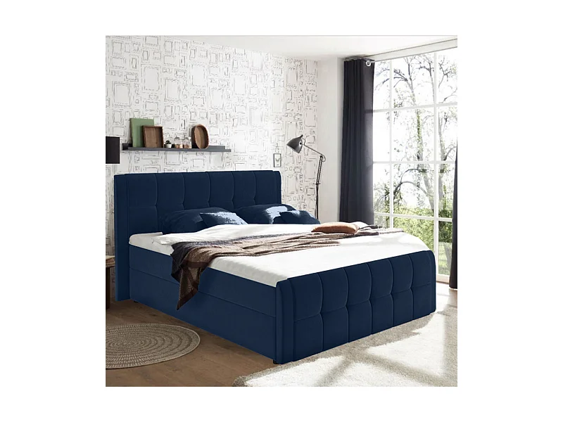 Lit boxspring 160x200 cm velours bleu 2 coffres latéraux - RIVEN