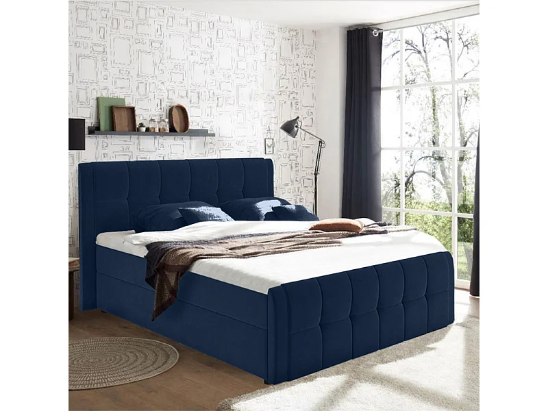Lit boxspring 160x200 cm velours bleu 2 coffres latéraux - RIVEN