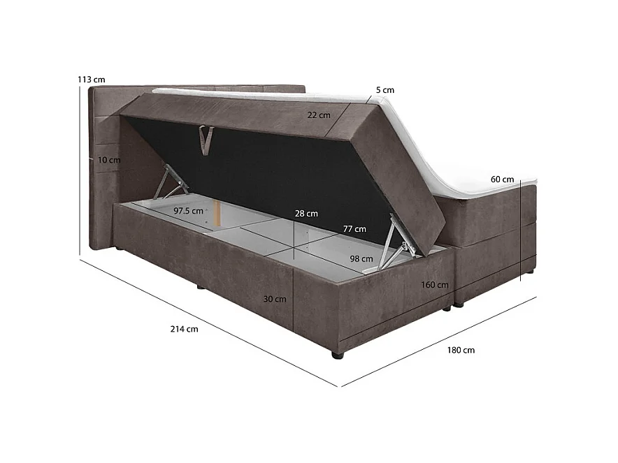 Lit boxspring 160x200 velours taupe 2 rangements - BRANDON