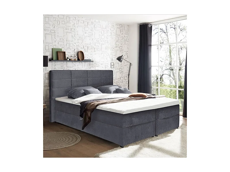 Lit boxspring 160x200 velours gris 2 coffres latéraux - BRANDON